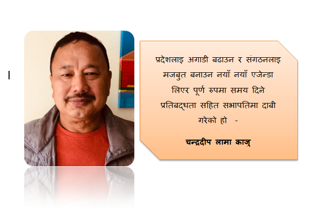 संगठनलाइ मजबुत बनाउन नयाँ एजेण्डा सहित पूर्ण रुपमा समय दिने प्रतिबद्धता सहित सभापतिमा दाबी गरेको हो